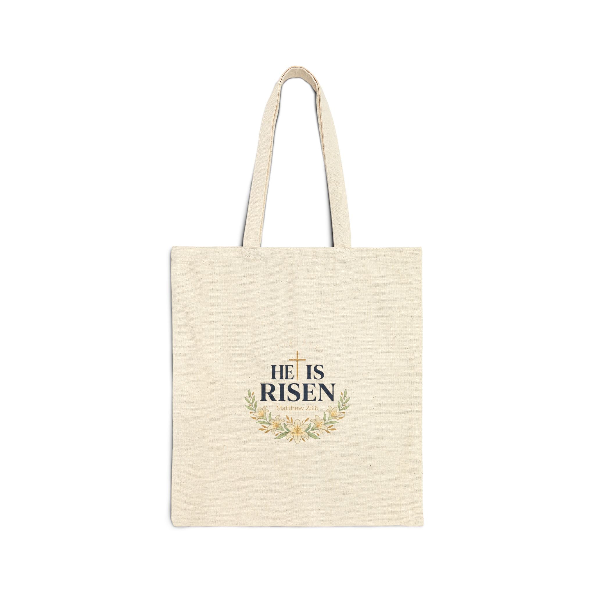 He Is Risen Tote | Christian Easter, Scripture Resurrection Canvas